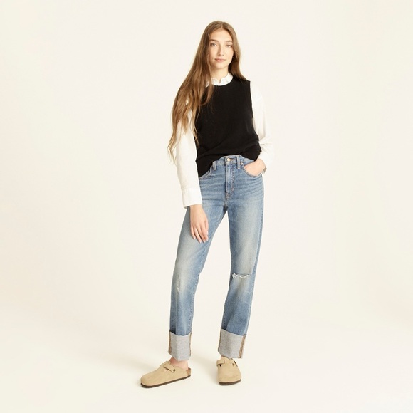 J.Crew Size 26 Full Length Bootcut Cuff Jean in Ferry Wash with Knee Slit - Picture 2 of 8